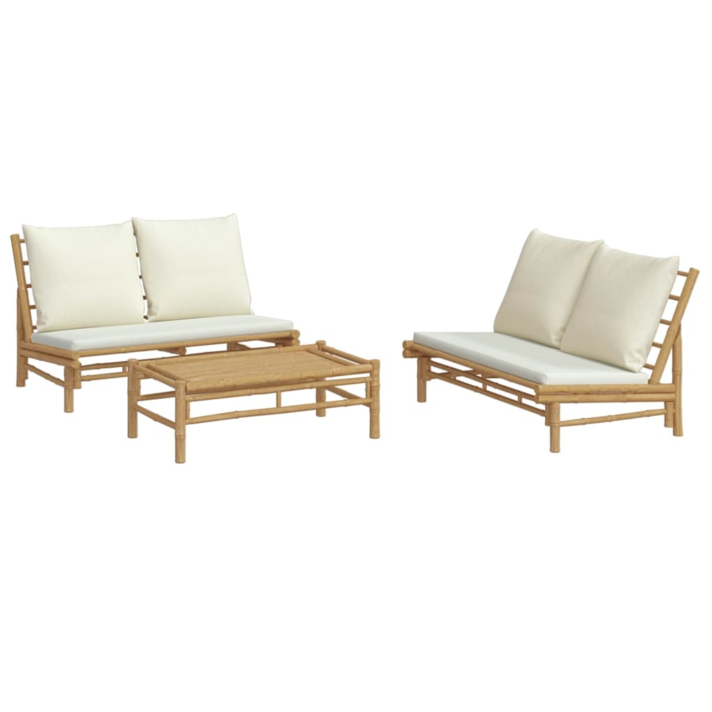 vidaXL Set mobilier de grădină, cu perne alb crem, 3 piese, bambus vidaXL Set mobilier de grădină, cu perne alb crem, 3 piese, bambus
