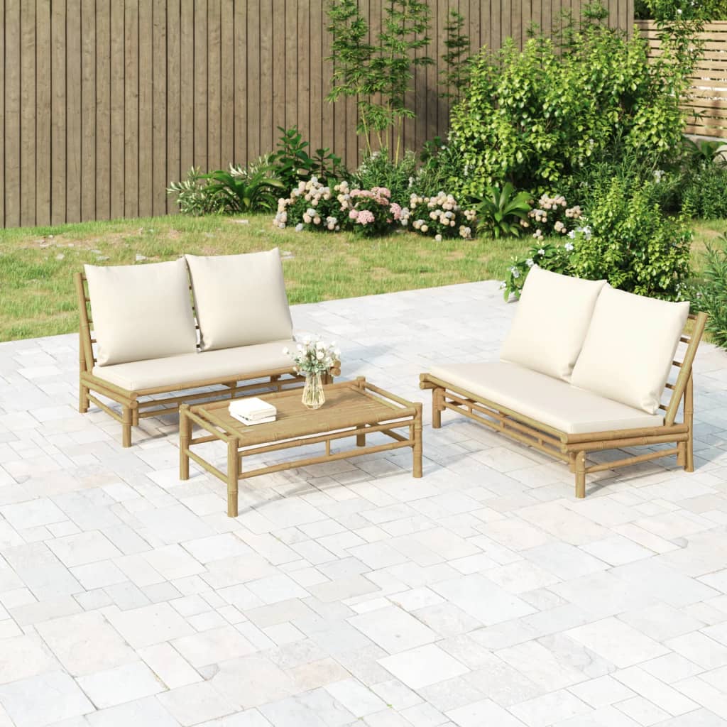 vidaXL Set mobilier de grădină, cu perne alb crem, 3 piese, bambus vidaXL Set mobilier de grădină, cu perne alb crem, 3 piese, bambus