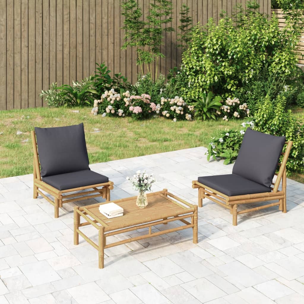 vidaXL Set mobilier de grădină, perne gri închis, 3 piese, bambus vidaXL Set mobilier de grădină, perne gri închis, 3 piese, bambus