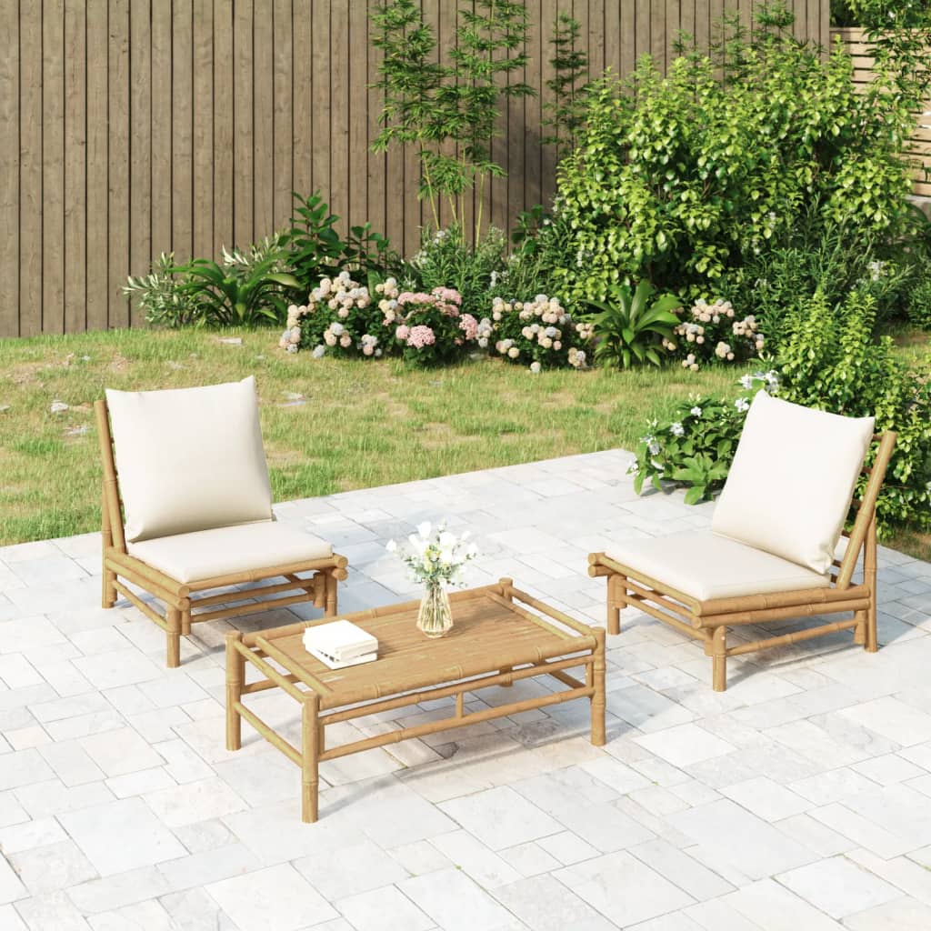 vidaXL Set mobilier de grădină, cu perne alb crem, 3 piese, bambus vidaXL Set mobilier de grădină, cu perne alb crem, 3 piese, bambus