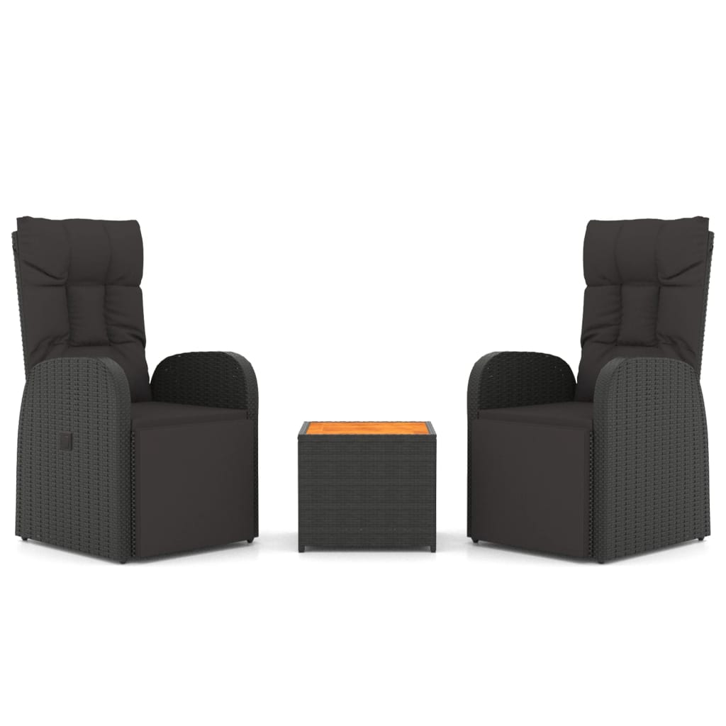 vidaXL Set șezlonguri grădină, 3 piese, negru, poliratan&lemn acacia