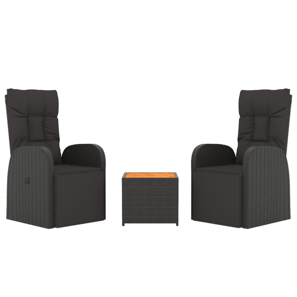 vidaXL Set șezlonguri grădină, 3 piese, negru, poliratan&lemn acacia