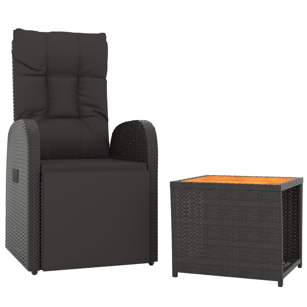 vidaXL Set șezlonguri grădină, 2 piese, negru, poliratan&lemn acacia