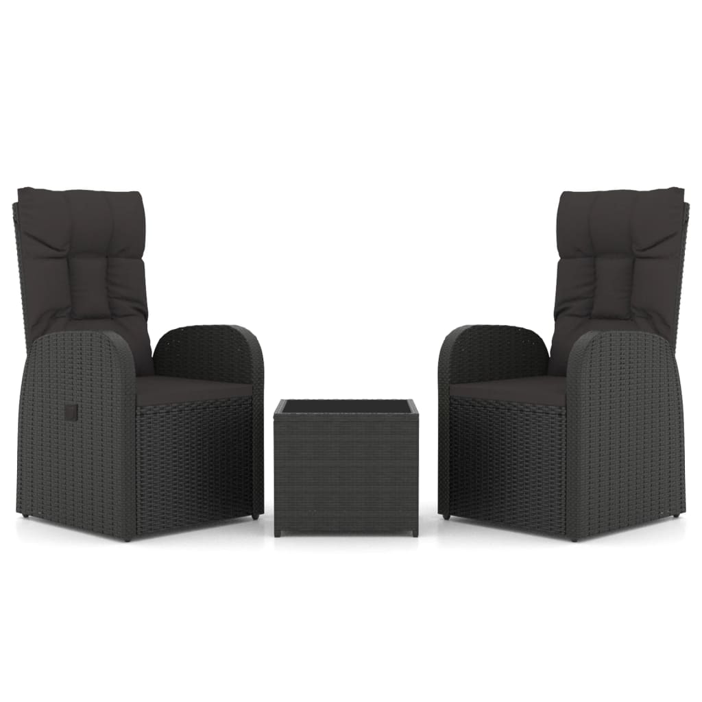 vidaXL Set șezlonguri grădină, 3 piese, negru, poliratan&oțel