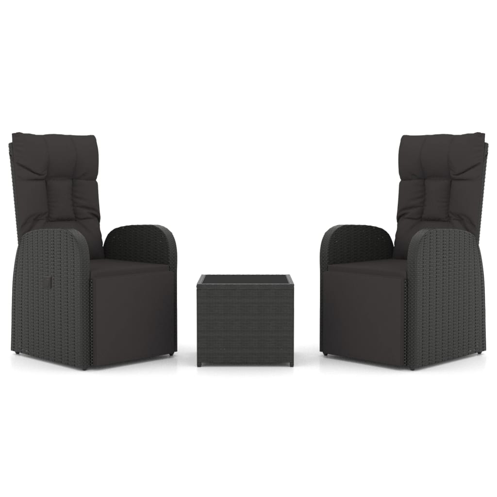 vidaXL Set șezlonguri grădină, 3 piese, negru, poliratan&oțel