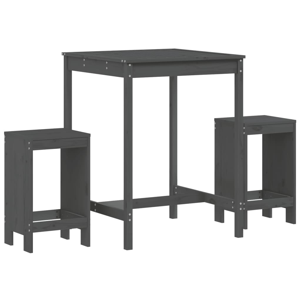 vidaXL Set bar de grădină, 3 piese, gri, lemn masiv de pin