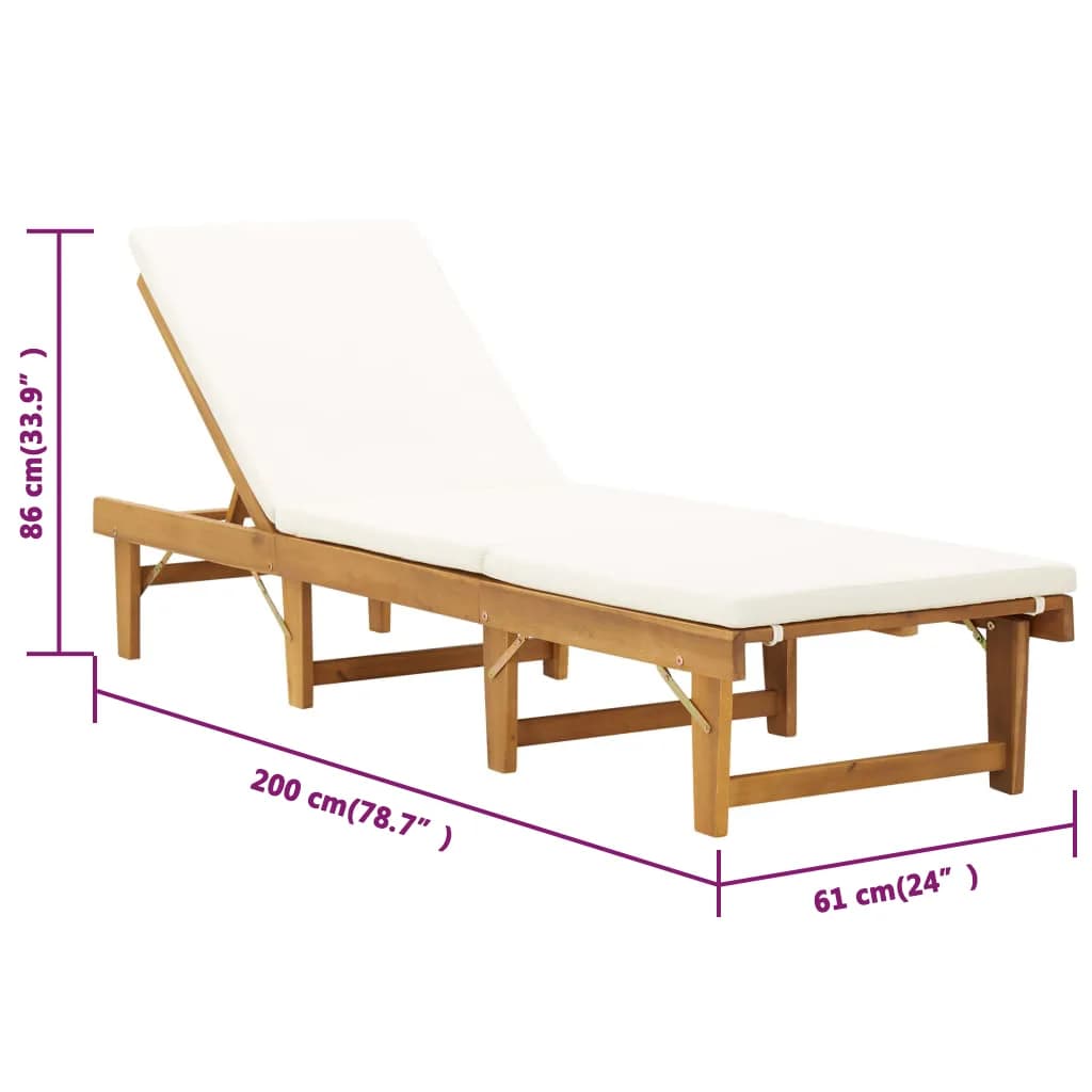 vidaXL Șezlong pliabil cu pernă, alb crem, lemn masiv de acacia
