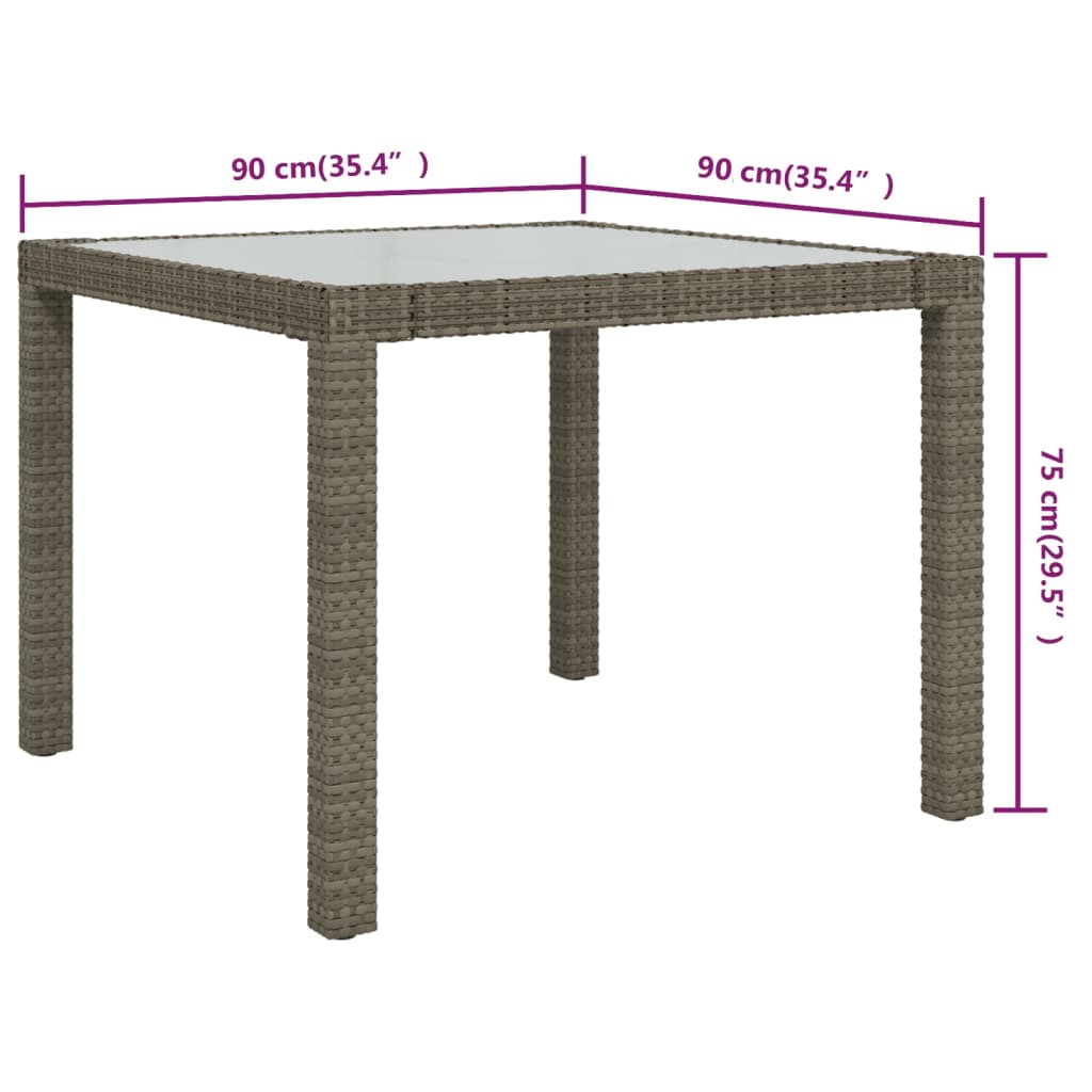 vidaXL Masă grădină, gri, 90x90x75 cm, sticlă securizată și poliratan