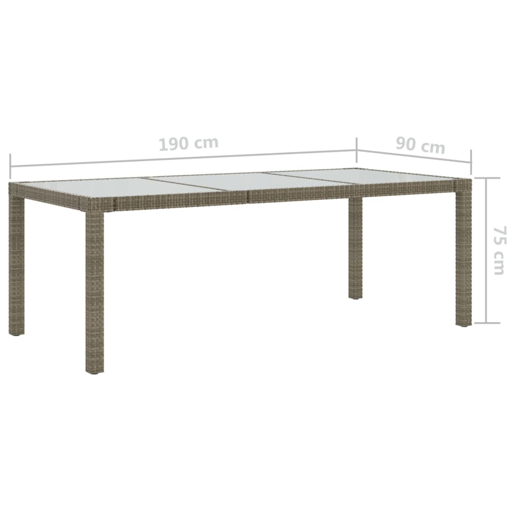 vidaXL Masă de grădină, gri, 190x90x75 cm, sticlă securizată/poliratan