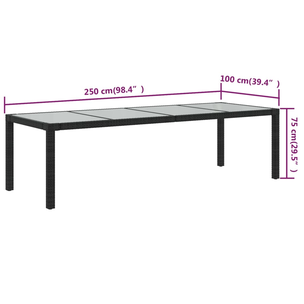 vidaXL Masă grădină negru 250x100x75 cm sticlă securizată & poliratan