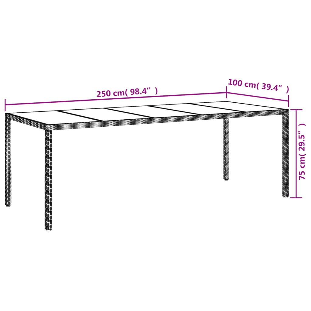 vidaXL Masă grădină, gri, 250x100x75 cm, sticlă securizată/poliratan