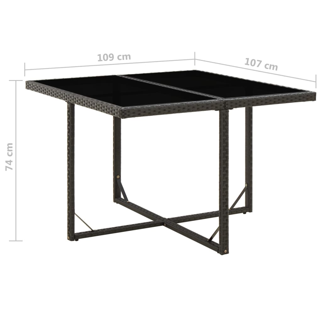 vidaXL Masă de grădină, negru, 109x107x74 cm, poliratan și sticlă vidaXL Masă de grădină, negru, 109x107x74 cm, poliratan și sticlă