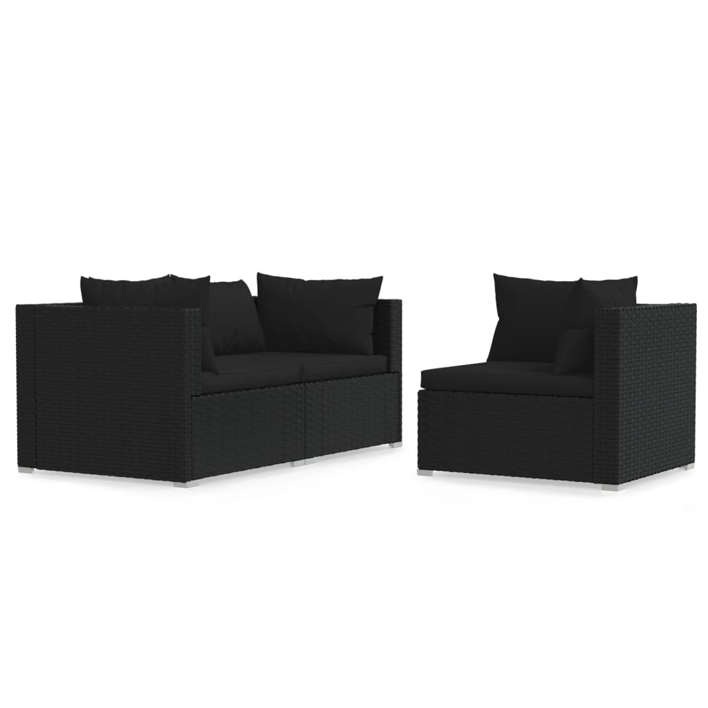 vidaXL Set mobilier de grădină cu perne, 3 piese, negru, poliratan vidaXL Set mobilier de grădină cu perne, 3 piese, negru, poliratan