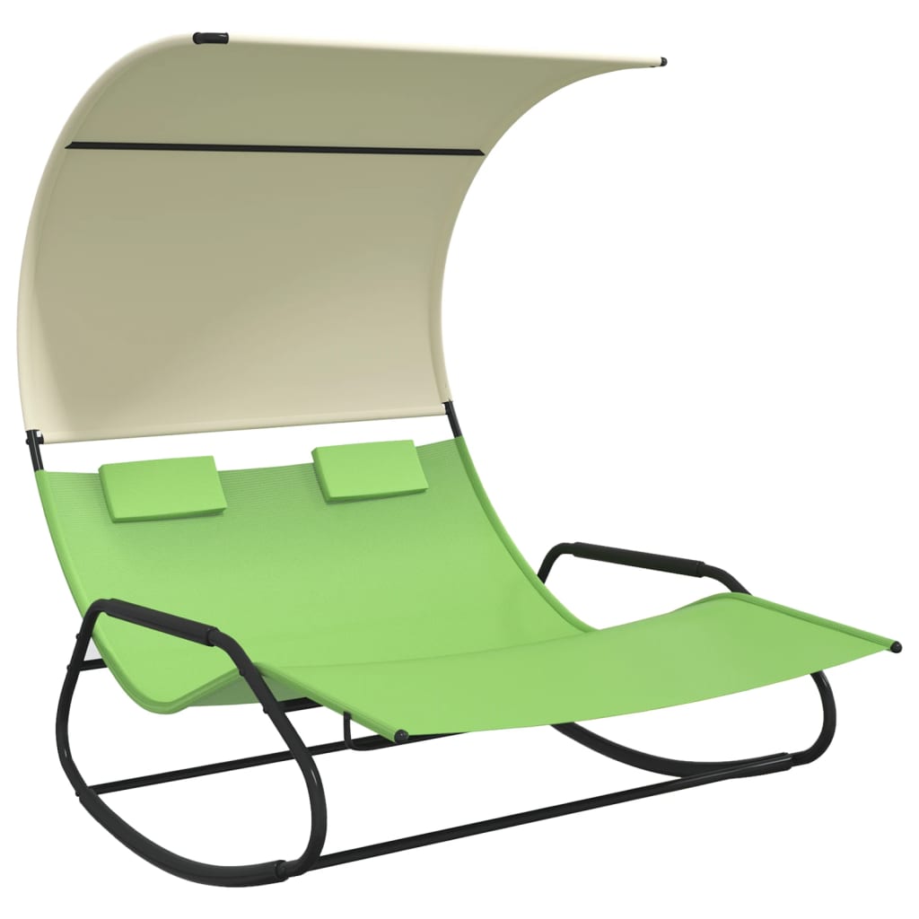 vidaXL Șezlong balansoar plajă dublu/baldachin,verde/crem, textilenă vidaXL Șezlong balansoar plajă dublu/baldachin,verde/crem, textilenă
