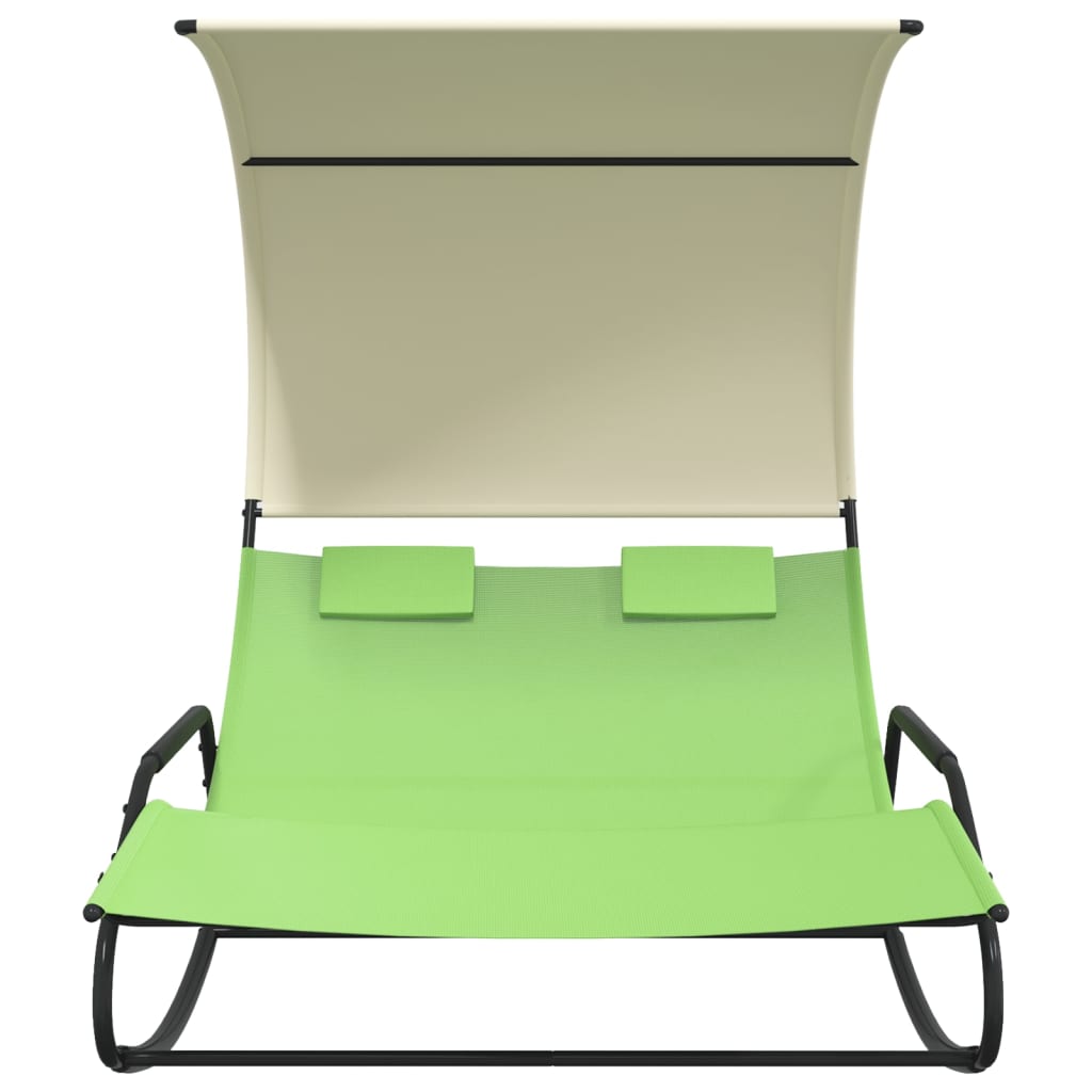 vidaXL Șezlong balansoar plajă dublu/baldachin,verde/crem, textilenă vidaXL Șezlong balansoar plajă dublu/baldachin,verde/crem, textilenă