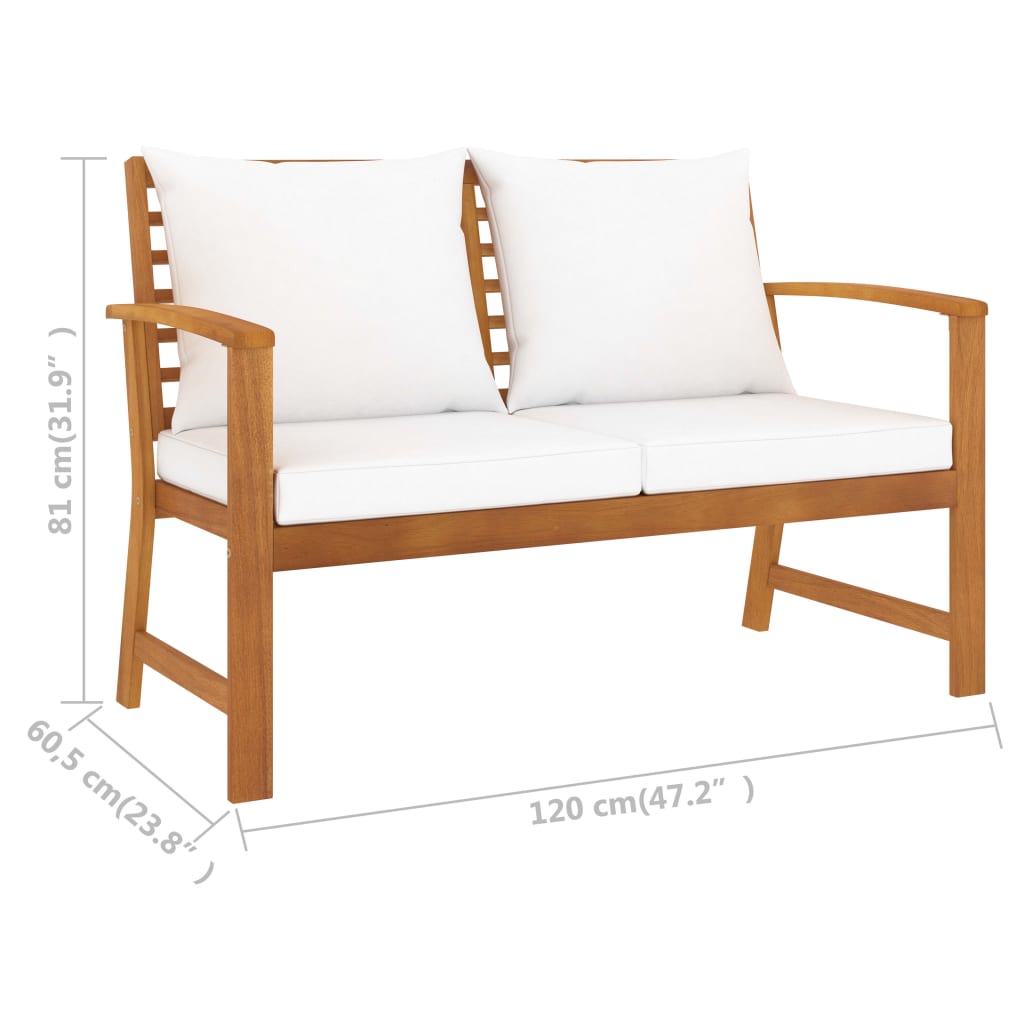 vidaXL Bancă de grădină, 120 cm, cu pernă crem, lemn masiv de acacia