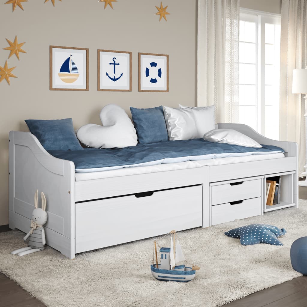 vidaXL Pat de zi cu 3 sertare "IRUN", alb, 90x200 cm, lemn masiv pin vidaXL Pat de zi cu 3 sertare "IRUN", alb, 90x200 cm, lemn masiv pin