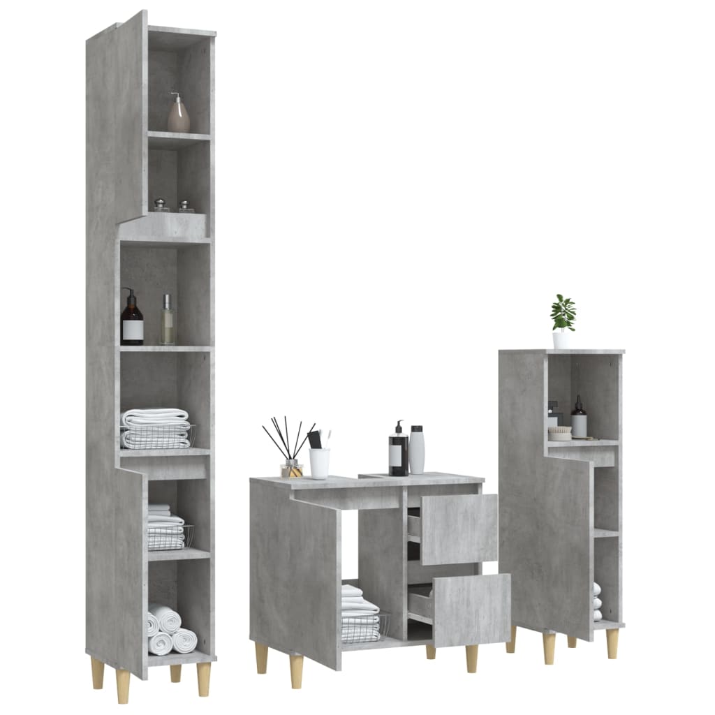 vidaXL Set dulapuri de baie, 3 piese, gri beton, lemn prelucrat vidaXL Set dulapuri de baie, 3 piese, gri beton, lemn prelucrat