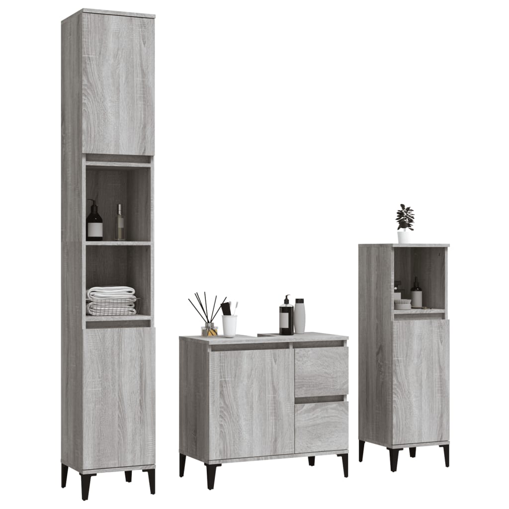 vidaXL Set dulapuri de baie, 3 piese, gri sonoma, lemn prelucrat vidaXL Set dulapuri de baie, 3 piese, gri sonoma, lemn prelucrat