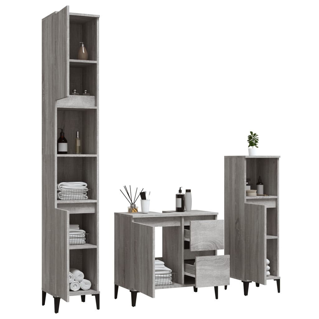 vidaXL Set dulapuri de baie, 3 piese, gri sonoma, lemn prelucrat vidaXL Set dulapuri de baie, 3 piese, gri sonoma, lemn prelucrat