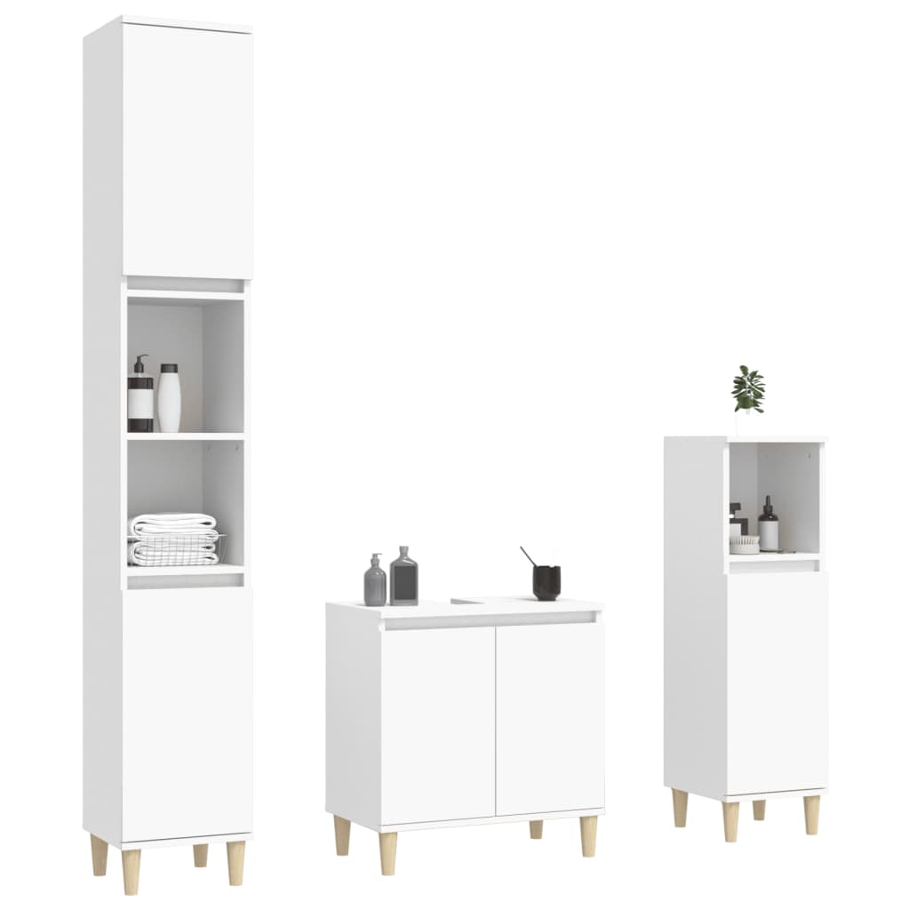 vidaXL Set mobilier de baie, 3 piese, alb, lemn compozit vidaXL Set mobilier de baie, 3 piese, alb, lemn compozit