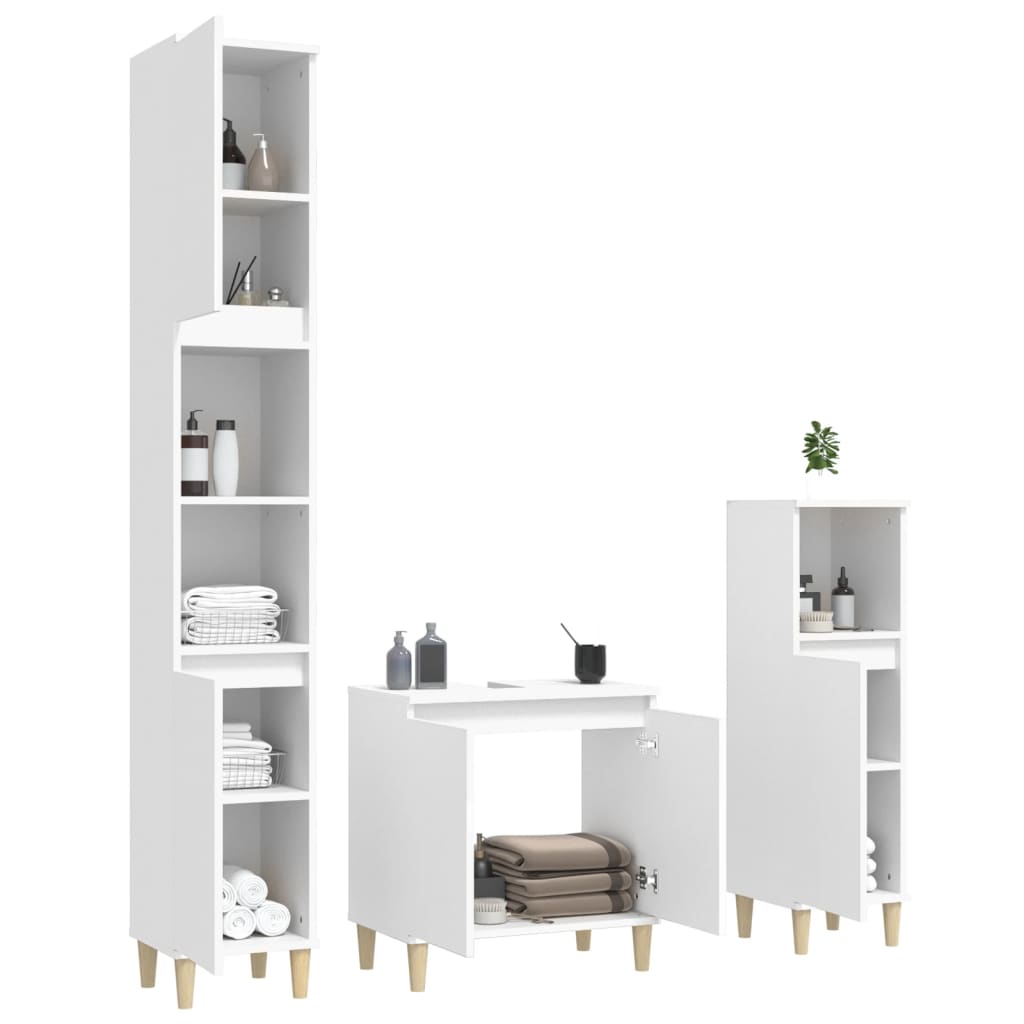 vidaXL Set mobilier de baie, 3 piese, alb, lemn compozit vidaXL Set mobilier de baie, 3 piese, alb, lemn compozit