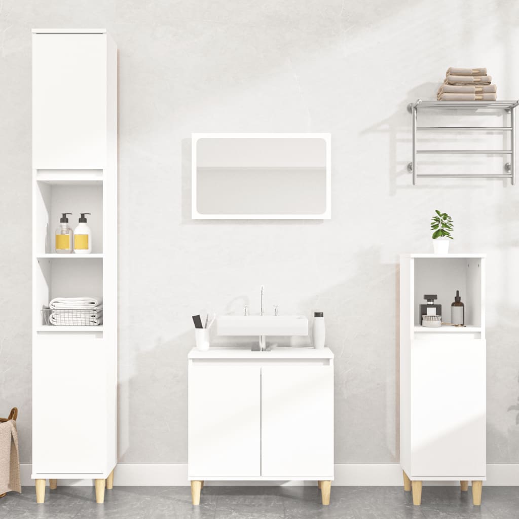 vidaXL Set mobilier de baie, 3 piese, alb, lemn compozit vidaXL Set mobilier de baie, 3 piese, alb, lemn compozit