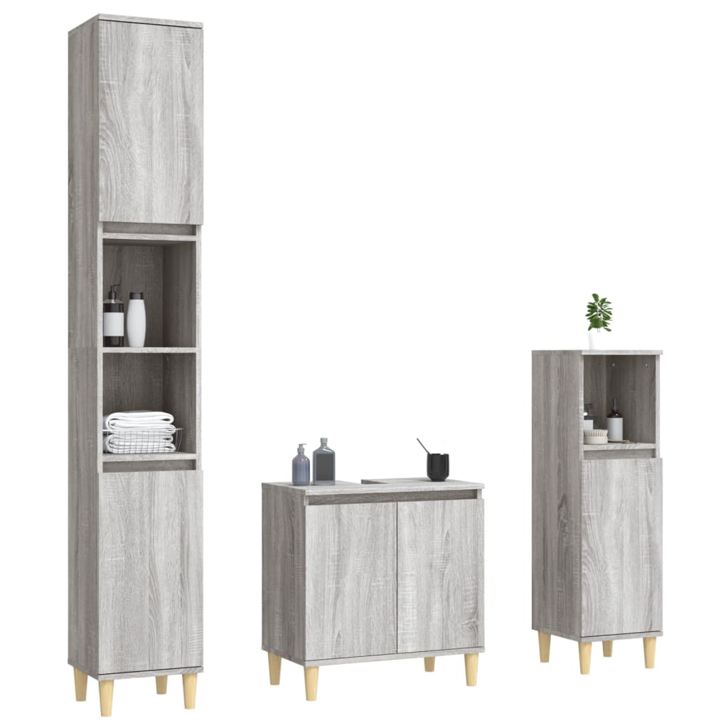 vidaXL Set mobilier de baie, 3 piese, gri sonoma, lemn prelucrat vidaXL Set mobilier de baie, 3 piese, gri sonoma, lemn prelucrat