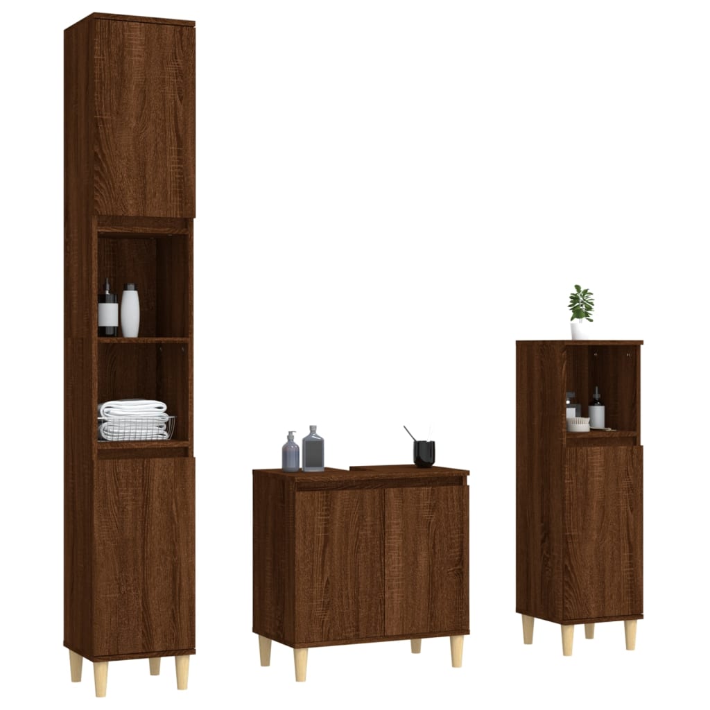 vidaXL Set mobilier de baie, 3 piese, stejar maro, lemn prelucrat