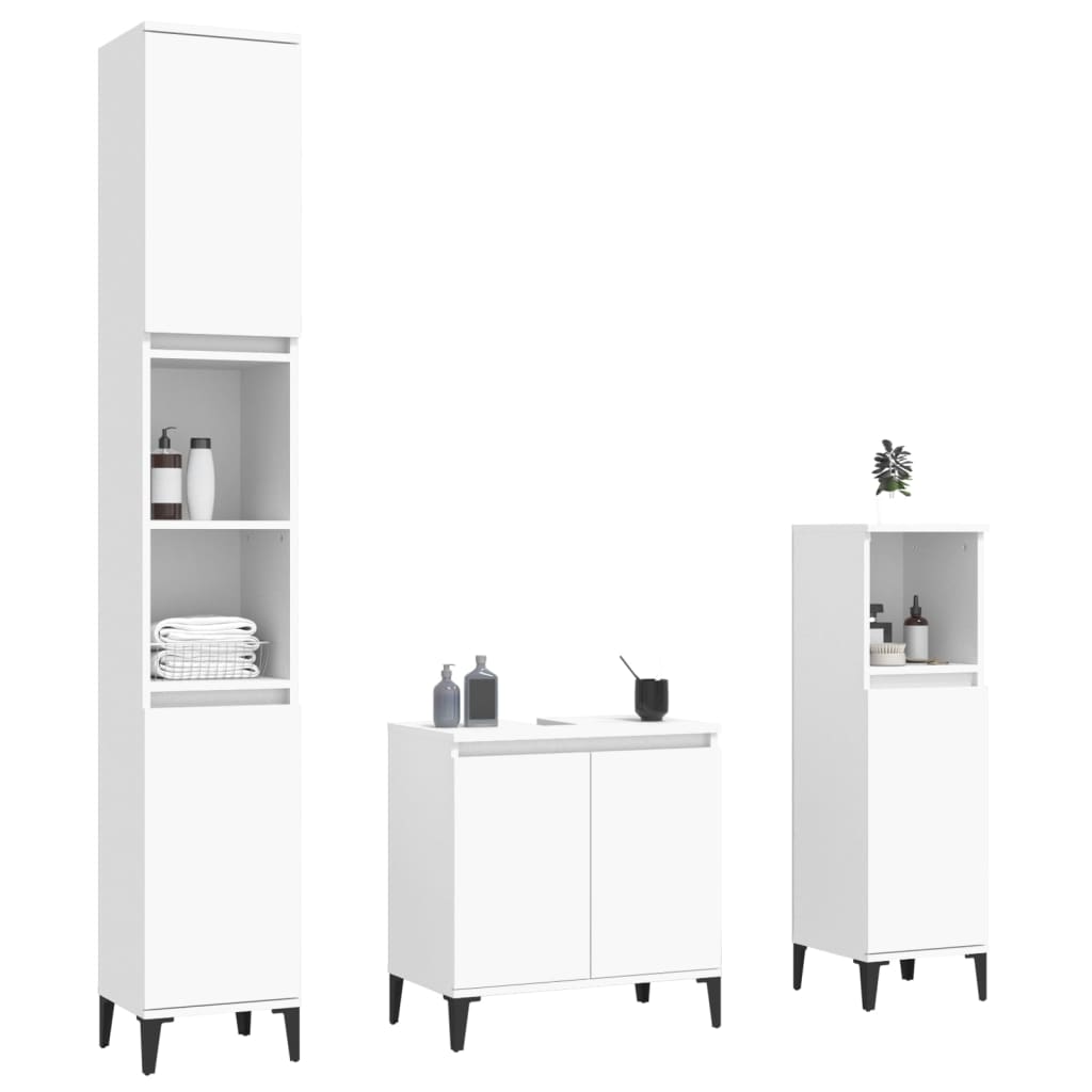 vidaXL Set mobilier de baie, 3 piese, alb, lemn compozit vidaXL Set mobilier de baie, 3 piese, alb, lemn compozit