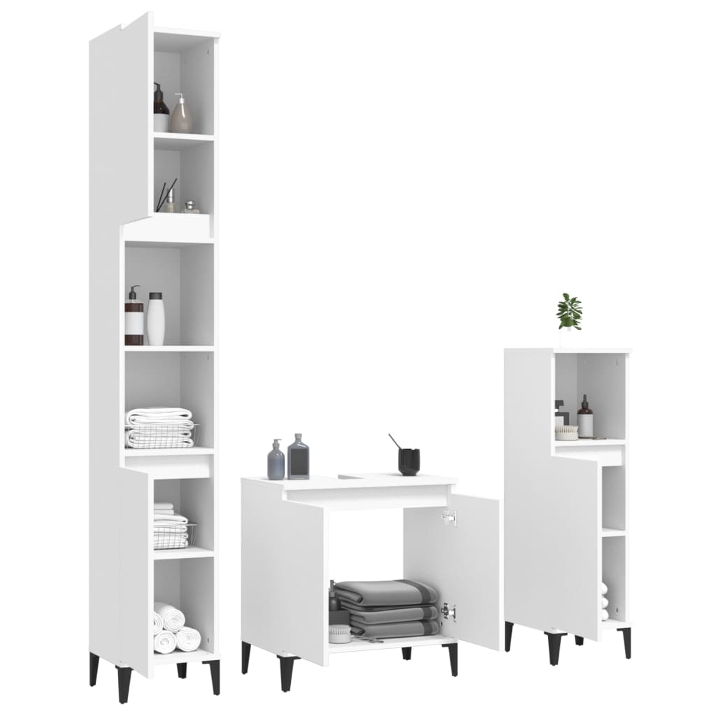 vidaXL Set mobilier de baie, 3 piese, alb, lemn compozit vidaXL Set mobilier de baie, 3 piese, alb, lemn compozit