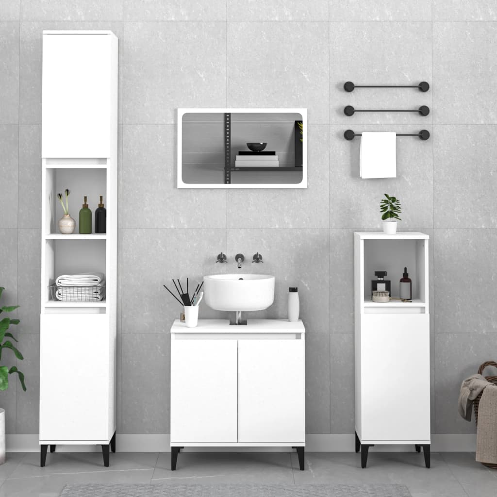 vidaXL Set mobilier de baie, 3 piese, alb, lemn compozit vidaXL Set mobilier de baie, 3 piese, alb, lemn compozit