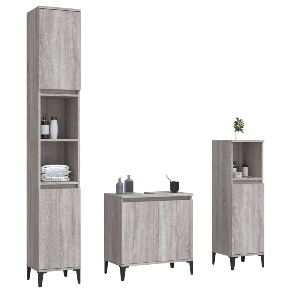 vidaXL Set mobilier de baie, 3 piese, gri sonoma, lemn prelucrat vidaXL Set mobilier de baie, 3 piese, gri sonoma, lemn prelucrat