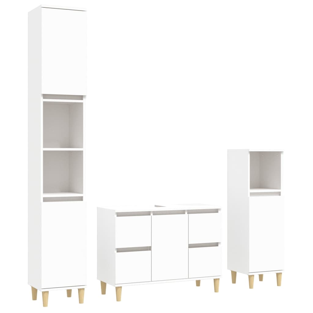 vidaXL Set mobilier de baie, 3 piese, alb, lemn compozit vidaXL Set mobilier de baie, 3 piese, alb, lemn compozit