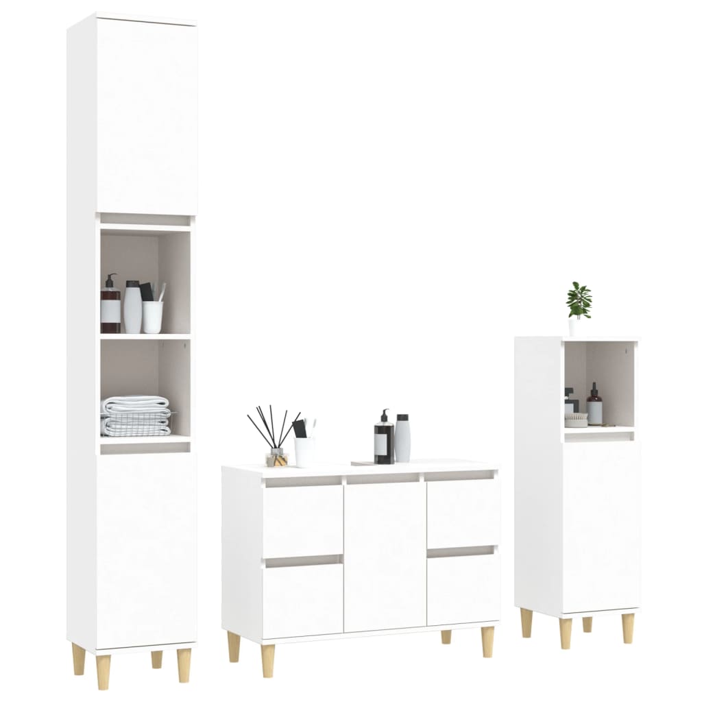 vidaXL Set mobilier de baie, 3 piese, alb, lemn compozit vidaXL Set mobilier de baie, 3 piese, alb, lemn compozit