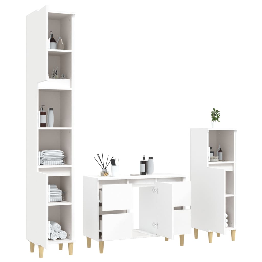 vidaXL Set mobilier de baie, 3 piese, alb, lemn compozit vidaXL Set mobilier de baie, 3 piese, alb, lemn compozit