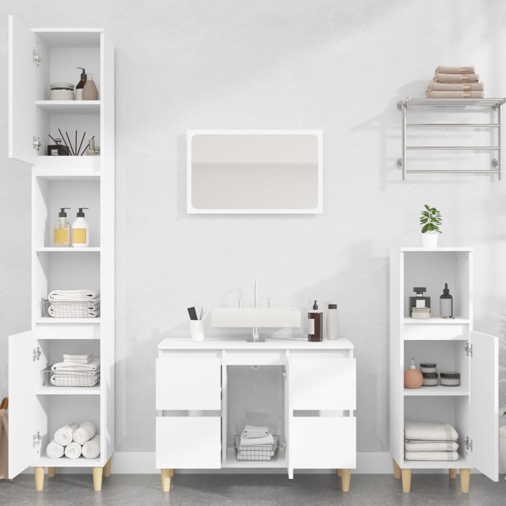 vidaXL Set mobilier de baie, 3 piese, alb, lemn compozit vidaXL Set mobilier de baie, 3 piese, alb, lemn compozit