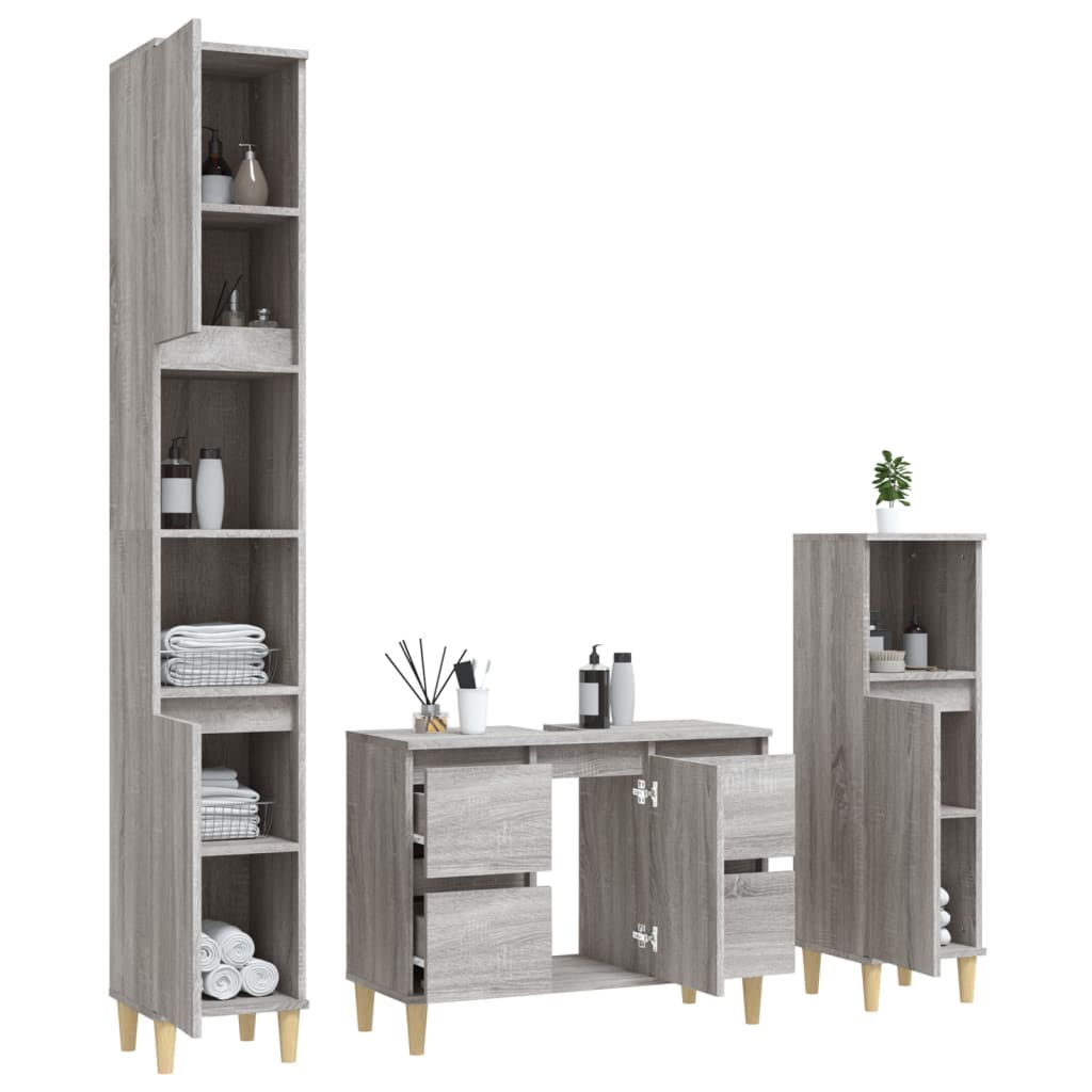 vidaXL Set mobilier de baie, 3 piese, gri sonoma, lemn prelucrat vidaXL Set mobilier de baie, 3 piese, gri sonoma, lemn prelucrat