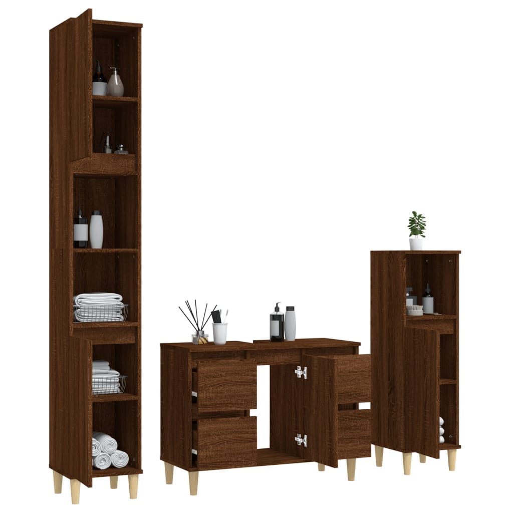vidaXL Set mobilier de baie, 3 piese, stejar maro, lemn prelucrat