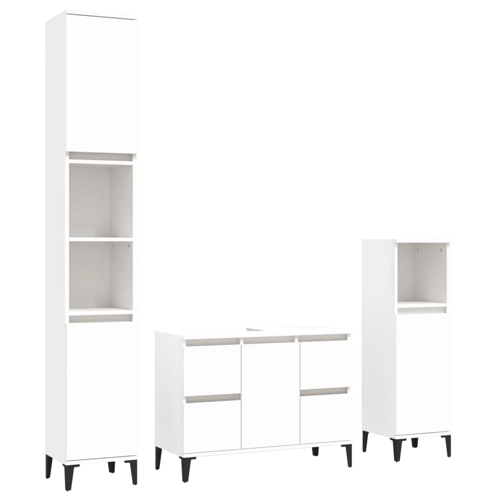 vidaXL Set mobilier de baie, 3 piese, alb, lemn compozit vidaXL Set mobilier de baie, 3 piese, alb, lemn compozit