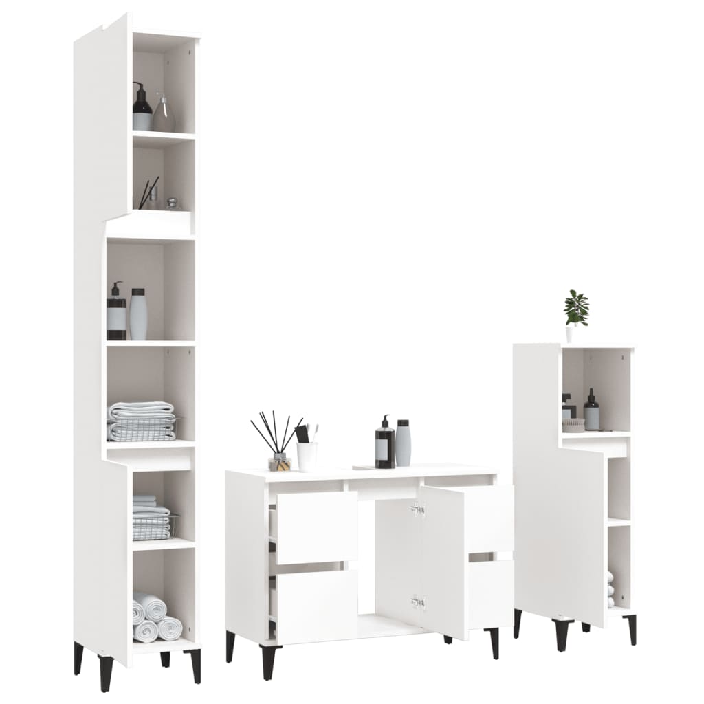 vidaXL Set mobilier de baie, 3 piese, alb, lemn compozit vidaXL Set mobilier de baie, 3 piese, alb, lemn compozit