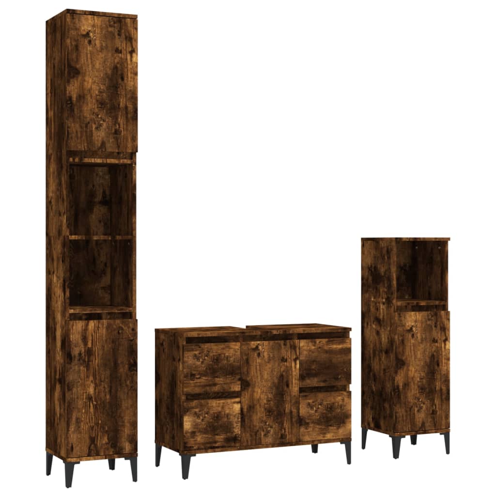 vidaXL Set mobilier de baie, 3 piese, stejar fumuriu, lemn prelucrat vidaXL Set mobilier de baie, 3 piese, stejar fumuriu, lemn prelucrat