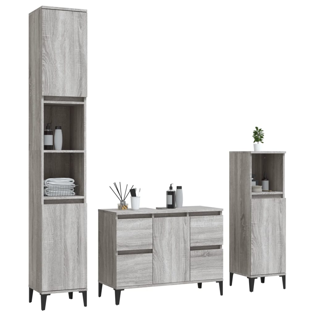 vidaXL Set mobilier de baie, 3 piese, gri sonoma, lemn prelucrat vidaXL Set mobilier de baie, 3 piese, gri sonoma, lemn prelucrat