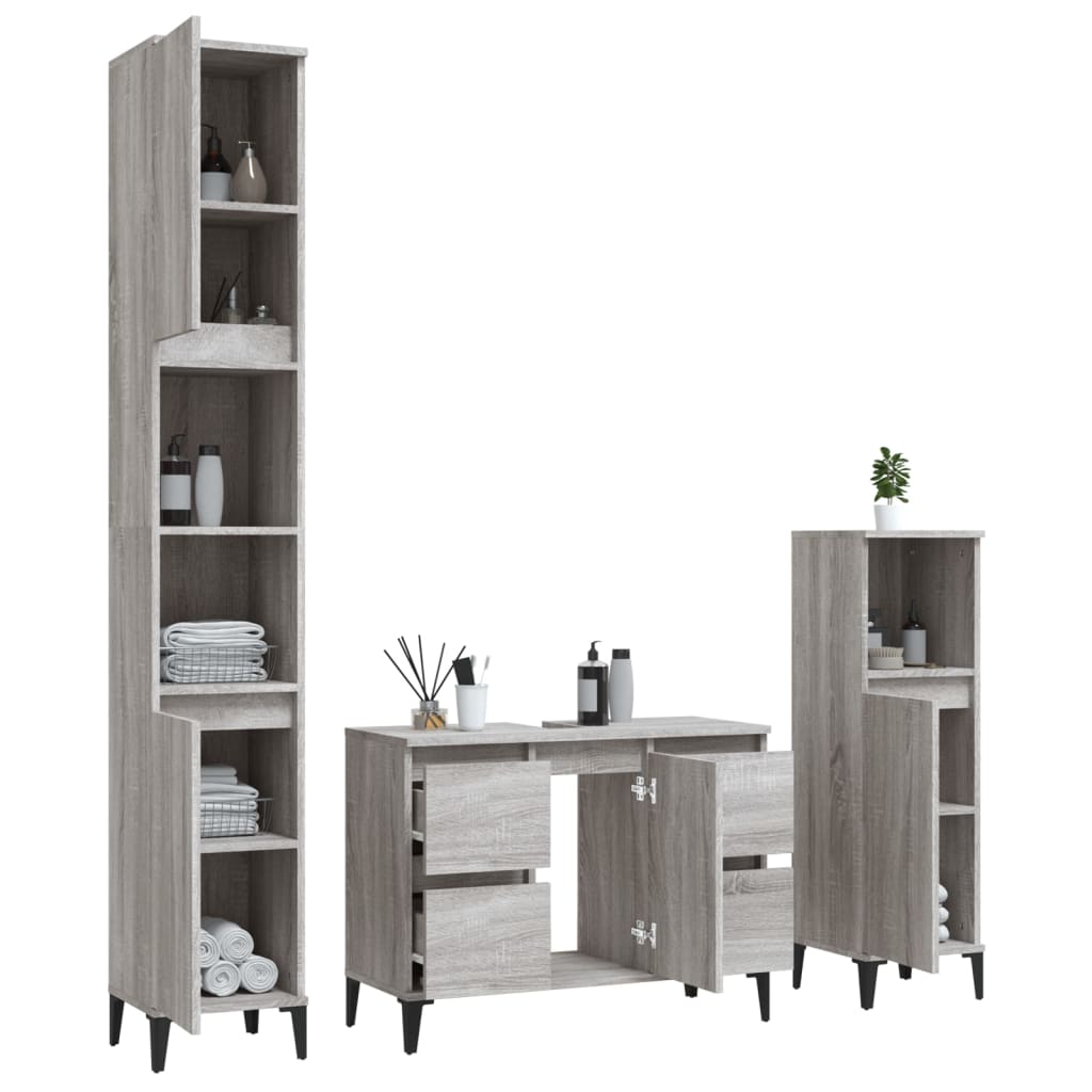 vidaXL Set mobilier de baie, 3 piese, gri sonoma, lemn prelucrat vidaXL Set mobilier de baie, 3 piese, gri sonoma, lemn prelucrat