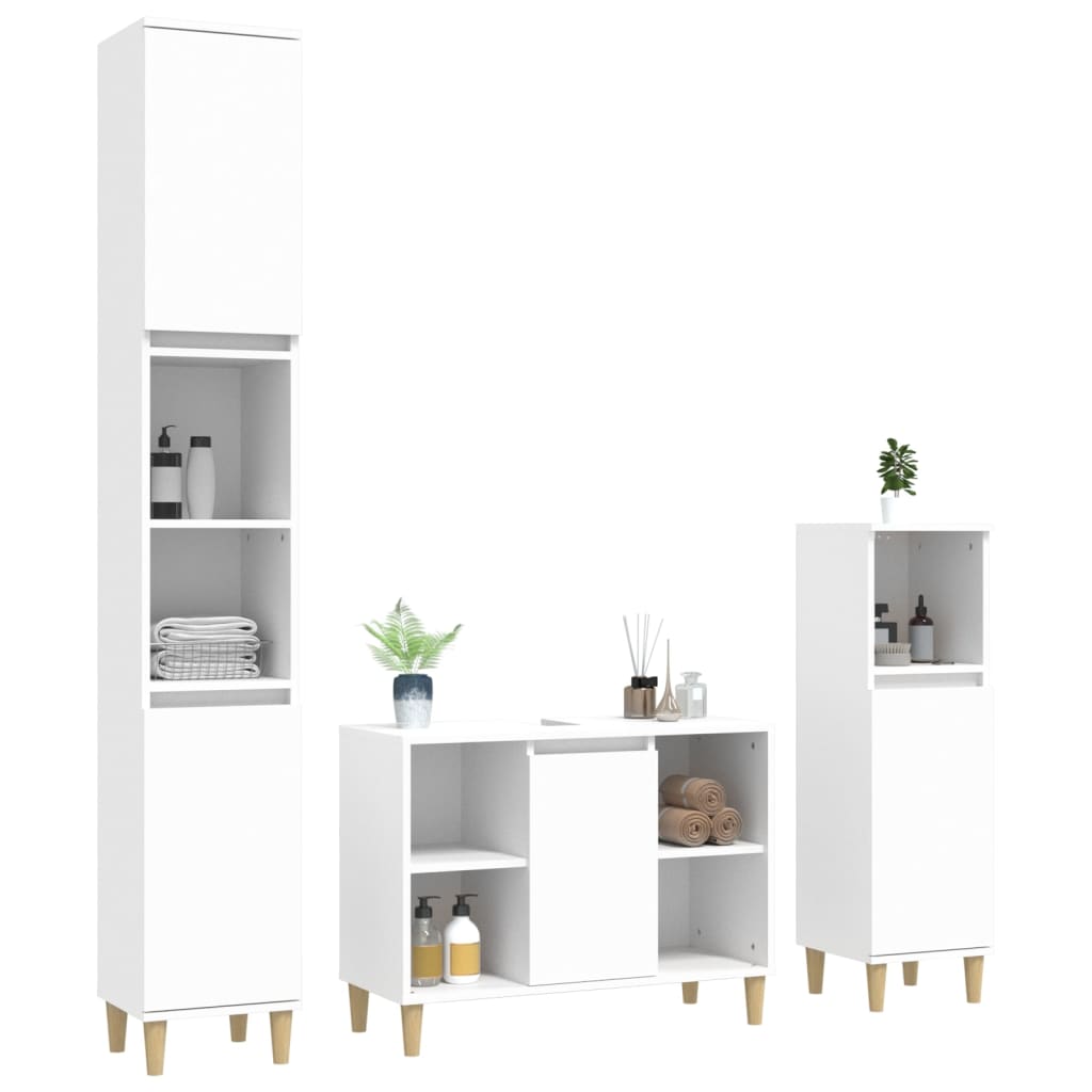 vidaXL Set mobilier de baie, 3 piese, alb, lemn compozit vidaXL Set mobilier de baie, 3 piese, alb, lemn compozit