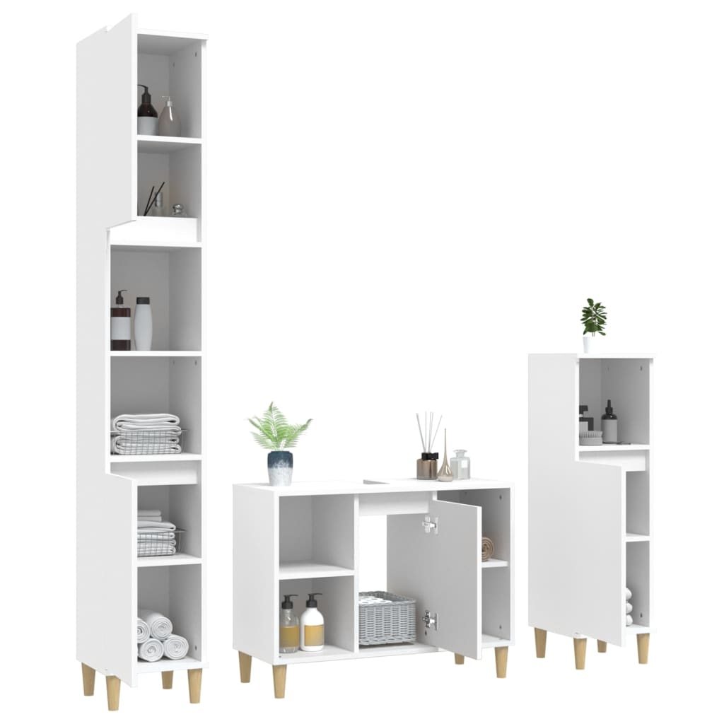 vidaXL Set mobilier de baie, 3 piese, alb, lemn compozit vidaXL Set mobilier de baie, 3 piese, alb, lemn compozit