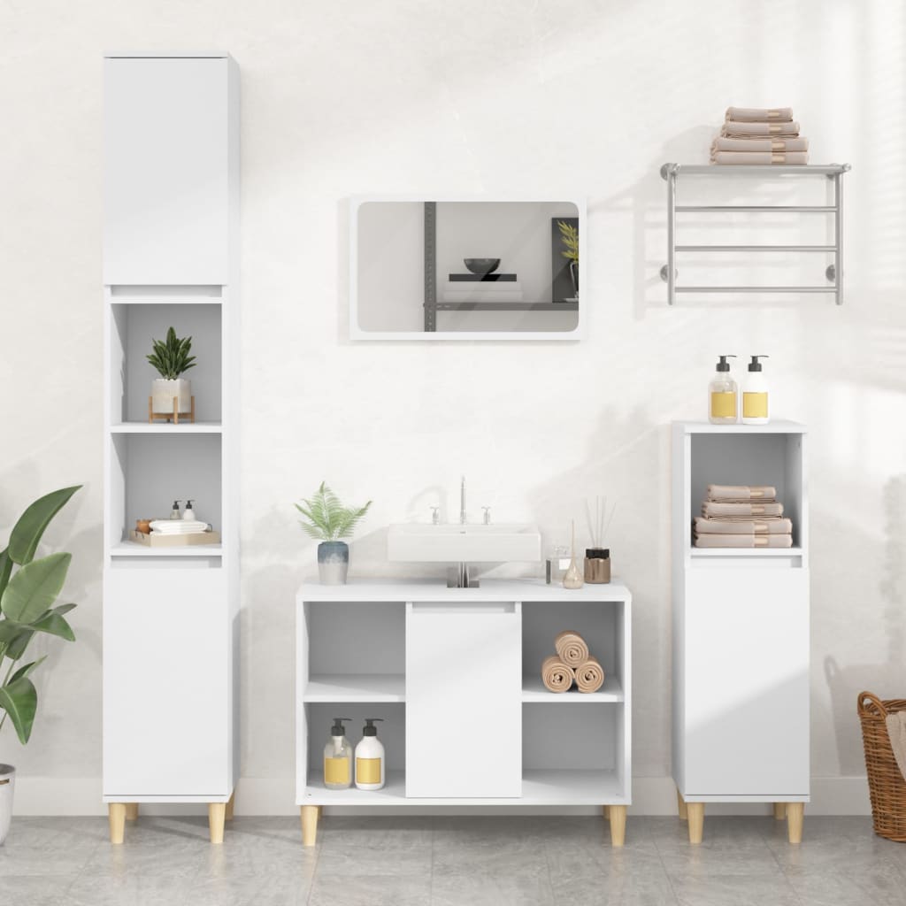 vidaXL Set mobilier de baie, 3 piese, alb, lemn compozit vidaXL Set mobilier de baie, 3 piese, alb, lemn compozit