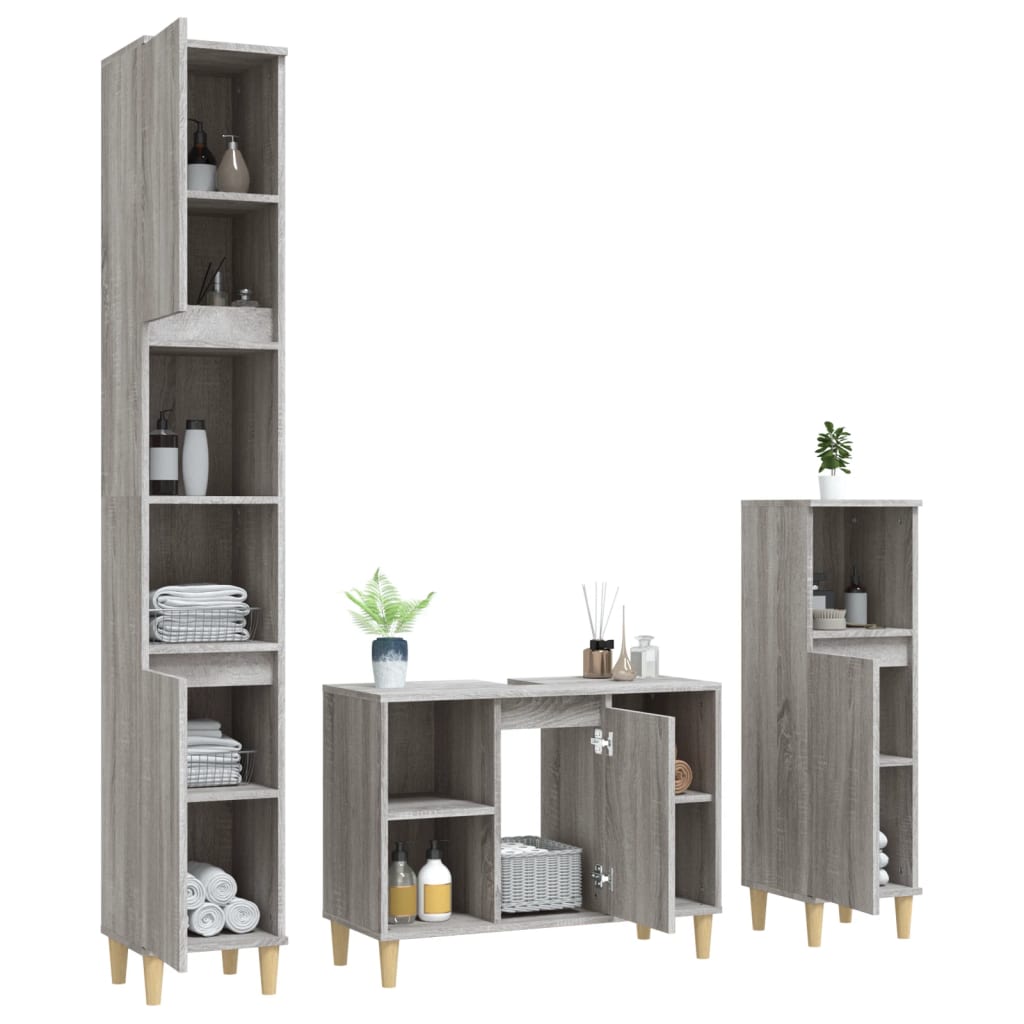 vidaXL Set mobilier de baie, 3 piese, gri sonoma, lemn prelucrat vidaXL Set mobilier de baie, 3 piese, gri sonoma, lemn prelucrat