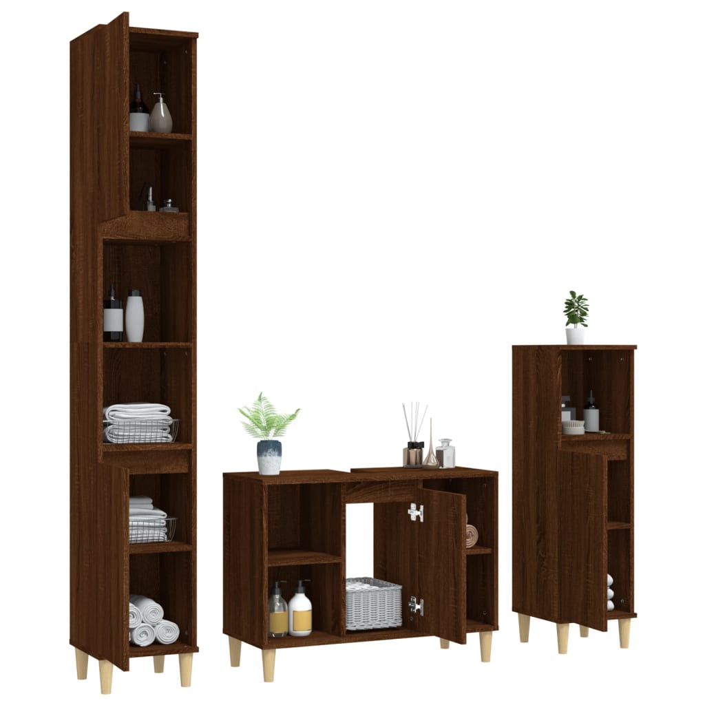 vidaXL Set mobilier de baie, 3 piese, stejar maro, lemn prelucrat