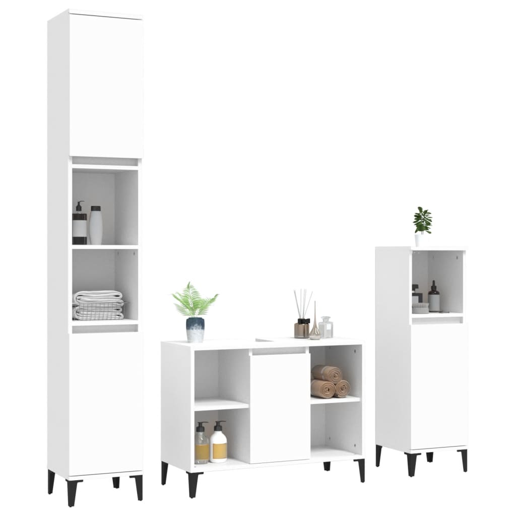 vidaXL Set mobilier de baie, 3 piese, alb, lemn compozit vidaXL Set mobilier de baie, 3 piese, alb, lemn compozit